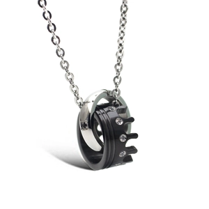 Fashionable crown double ring pendant necklace in black and silver with tiny zircons