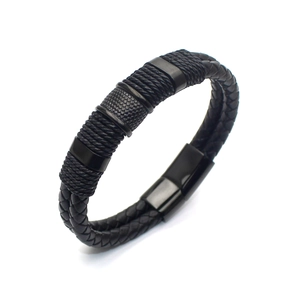 Men's double-layered black braided leather bracelet with magnetic metal clasp