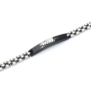 Classic stainless steel men's bracelet with black inlay and silver leaf relief detail