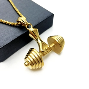 Collana con ciondolo a manubrio in oro lucido da uomo con design fitness dettagliato