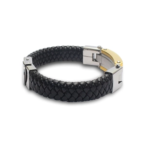 Detail of multi-strand braided black leather bracelet with gold and silver metal buckle