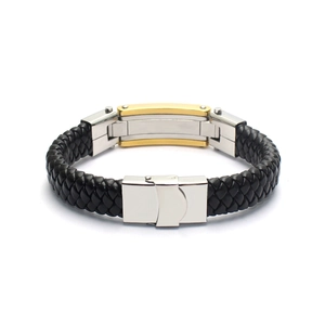 Men's zodiac bracelet in black braided PU leather with gold and silver stainless steel clasp