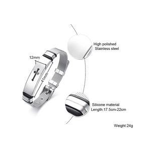 Detail von Stahlnetz-Armband mit Kreuzplatte, 12mm breit und verstellbarer Schnalle