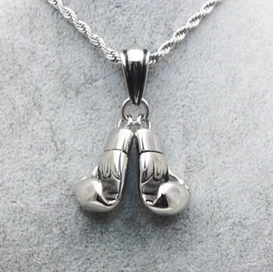 Polished stainless steel boxing glove pendant necklace with a durable rope chain