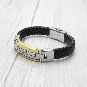 Black braided leather zodiac bracelet for men with two-tone stainless steel accent
