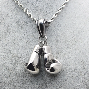 Polished stainless steel double boxing glove pendant with silver twisted rope chain