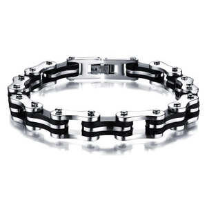 Men's bicycle chain bracelet made of stainless steel and black silicone with a fold-over clasp