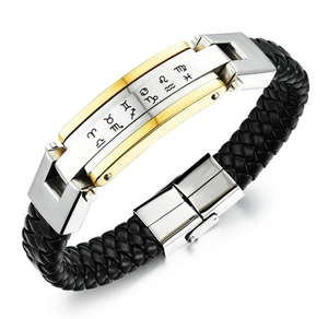 Men's black braided leather bracelet with stainless steel zodiac symbols plate