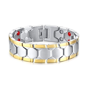 Bracelet de Santé Magnétique en Acier Titane pour Hommes Or Argent Bicolore Maillons Géométriques Bijoux Masculins