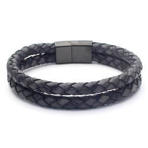 Bracelet en Cuir Tressé Rétro pour Homme Boucle Magnétique en Acier Inoxydable Minimaliste Double Couche Bijoux Main