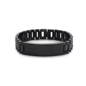 Detail of men's black stainless steel watch link bracelet with smooth engravable metal plate