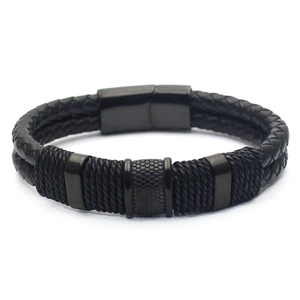 Men Braided Leather Bracelet Double Layer Black Alloy Magnetic Clasp Wrap Wristband Minimalist Hardcore Casual Jewelry Gift