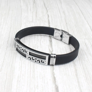 Men's stylish black silicone bracelet featuring silver geometric patterns and steel clasp