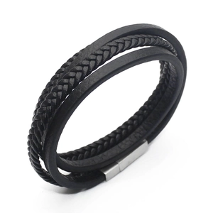 Mehrlagiges schwarzes geflochtenes Lederarmband für Herren mit Magnetschließe aus Edelstahl