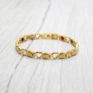 Golden heart-shaped stainless steel magnetic health bracelet with multicolor therapy inserts