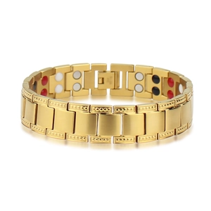 Polished gold magnetic therapy bracelet with wide links and beaded edge for men