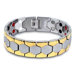 Men's titanium steel health bracelet in gold and silver finish with magnetic therapy stones