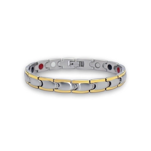 Detail showing two-tone steel magnetic health bracelet with decorative gold accents
