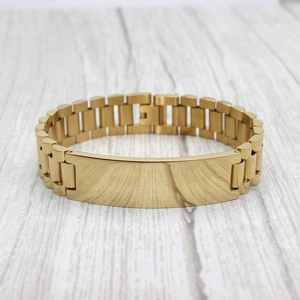 Polished gold-plated stainless steel men's watchband link bracelet with smooth ID plate