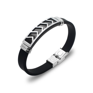 Men's minimalist black silicone bracelet with chevron stainless steel decorative inlay