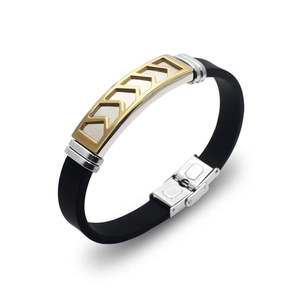 Men Silicone Stainless Steel Bracelet Fashion Geometric Hollow V Pattern Black Rubber Strap Hand Chain Jewelry Gift