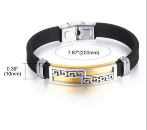 Detail of black silicone bracelet featuring Greek fret pattern and size specifications