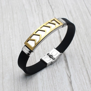 Men's fashion silicone bracelet with golden arrow stainless steel geometric plate