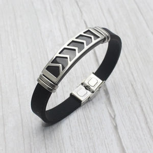 Men's black silicone bracelet with stainless steel geometric arrow V-shaped charm