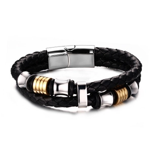 Men's Bracelet Double Layer Braided Leather Stainless Steel Magnetic Clasp Gold Silver Fashion Punk Wristband Gift
