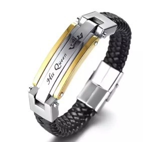 His Queen black braided leather bracelet with stainless steel crown and magnetic clasp