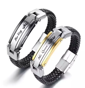 Titanium Steel Woven PU Leather Bracelet For Men Crown Her King His Queen Pattern Engraved Fashion Jewelry Gift