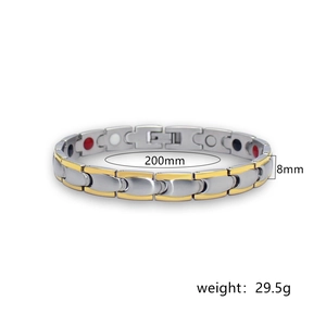 Two-tone wavy bullet magnetic therapy bracelet in stainless steel with spec details