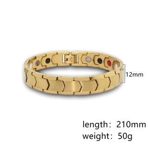 Men's golden fishbone pattern magnetic therapy bracelet showing inner health stones