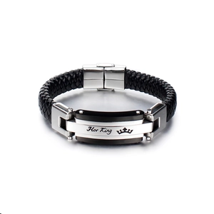 Her King black braided leather bracelet for men with stainless steel crown engraving