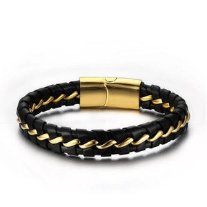 Bracelet pour Homme en Cuir Véritable Tressé et Acier Inoxydable Chaîne en Métal Géométrique Fermoir Magnétique Bijoux Ton Or Argent