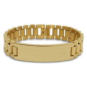 Polished gold titanium steel presidential link bracelet with a blank rectangular plaque