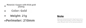 Detailed specifications of gold plated copper Pixiu bracelet showing 21g weight and size