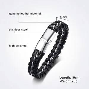 Bracelet pour homme en cuir tressé double couche avec insert acier et fermoir aimant