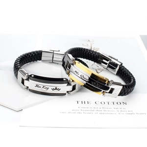 Her King and His Queen black braided leather couple bracelets with stainless steel crowns