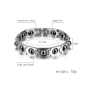 Bracciale da uomo in acciaio inossidabile lucido argento con inserti tondi in ematite
