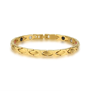 Détail du bracelet magnétique doré montrant les pierres de santé et le fermoir pliant