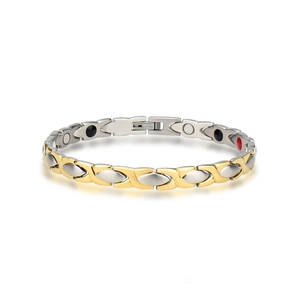 Detailed close-up of a titanium steel magnetic health bracelet with stainless steel clasp