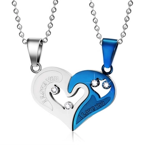 Herz-Puzzle-Ketten für Paare in Silber und Blau mit Zirkonia-Steinen und I Love You Gravur