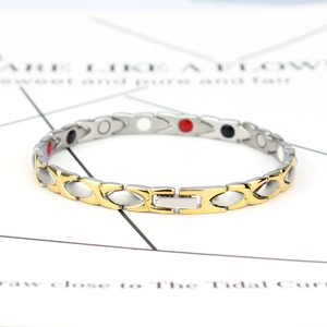 Macro detail of bi-color magnetic titanium steel bracelet with X-shaped links and inlays