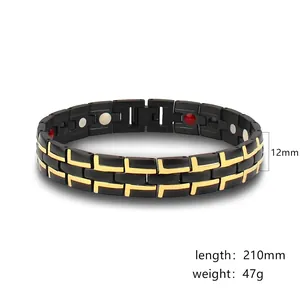 Men's titanium steel magnetic energy bracelet in black and gold 12mm wide