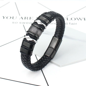 Men's woven black leather bracelet with stainless steel rings and magnetic clasp