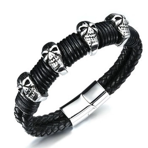 Men Punk Skull Leather Bracelet Stainless Steel Magnetic Clasp Braided Cord Gothic Rock Biker Fashion Jewelry Hand Accessory