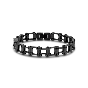 Dettaglio del bracciale stile catena di bicicletta industriale con finitura nera opaca