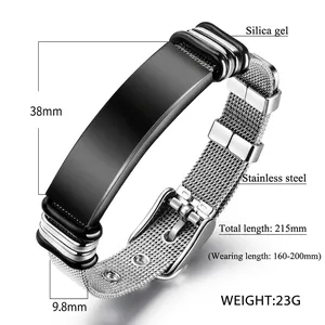 Bracciale da uomo in acciaio inossidabile e silicone nero con cinturino a rete regolabile