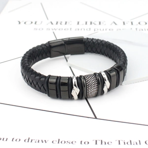 Men's black braided leather bracelet with silver and black metallic beads and magnetic clasp
